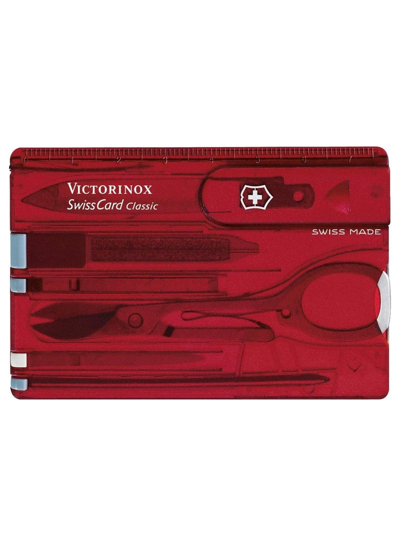 Swiss Card Classic, Swiss Made Pocket Tool, Multi Tool, Credit Card Size, 10 Functions, Emergency blade, Scissors, Red Transparent