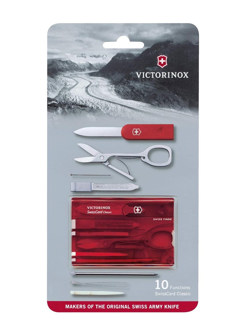 Swiss Card Classic, Swiss Made Pocket Tool, Multi Tool, Credit Card Size, 10 Functions, Emergency blade, Scissors, Red Transparent