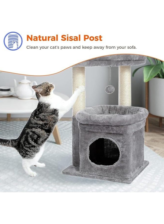 Cat Tree Tower for Indoor Cats With Private Cozy Cat Condo, Natural Sisal Scratching Posts and Plush Pom-pom for Small Cats (Grey)
