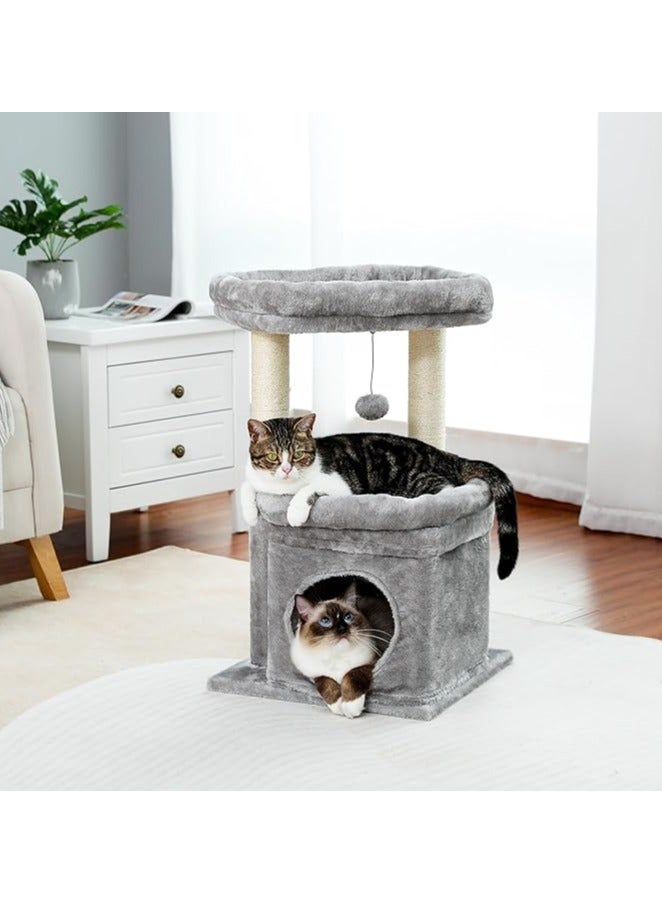 Cat Tree Tower for Indoor Cats With Private Cozy Cat Condo, Natural Sisal Scratching Posts and Plush Pom-pom for Small Cats (Grey)