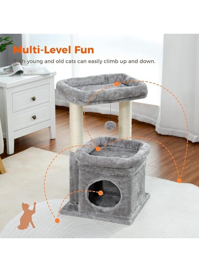 Cat Tree Tower for Indoor Cats With Private Cozy Cat Condo, Natural Sisal Scratching Posts and Plush Pom-pom for Small Cats (Grey)