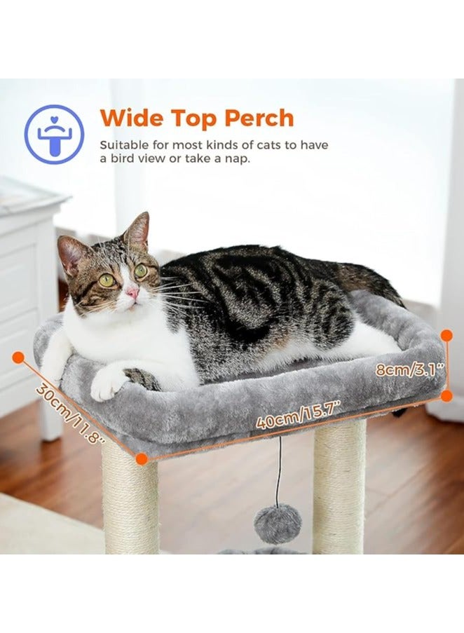 Cat Tree Tower for Indoor Cats With Private Cozy Cat Condo, Natural Sisal Scratching Posts and Plush Pom-pom for Small Cats (Grey)