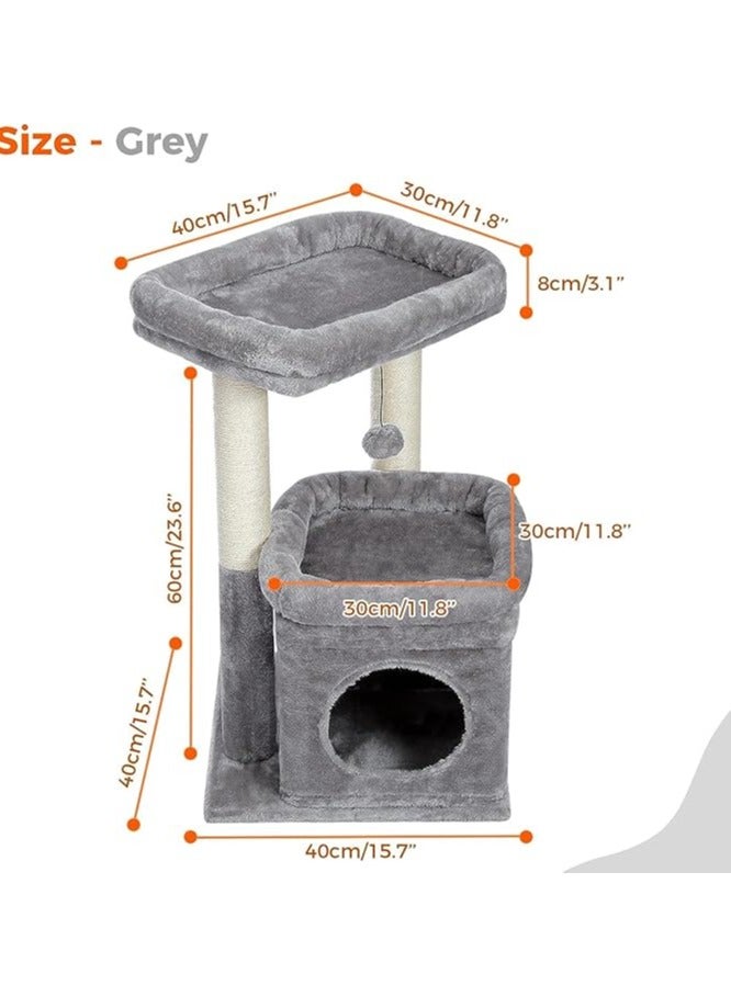 Cat Tree Tower for Indoor Cats With Private Cozy Cat Condo, Natural Sisal Scratching Posts and Plush Pom-pom for Small Cats (Grey)