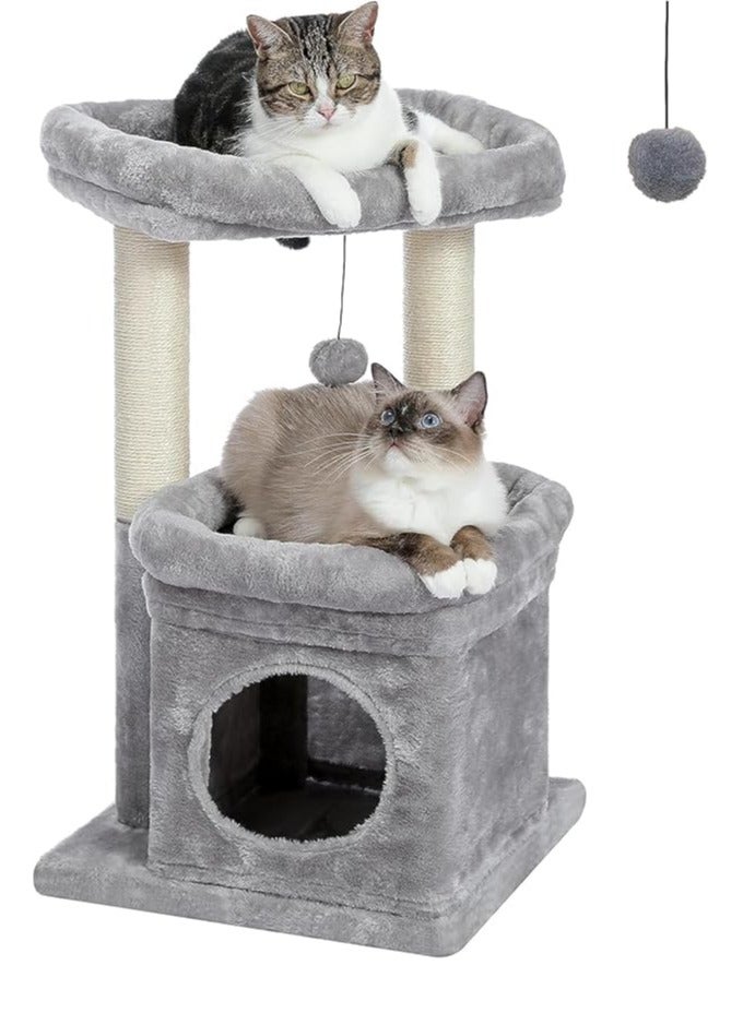 Cat Tree Tower for Indoor Cats With Private Cozy Cat Condo, Natural Sisal Scratching Posts and Plush Pom-pom for Small Cats (Grey)