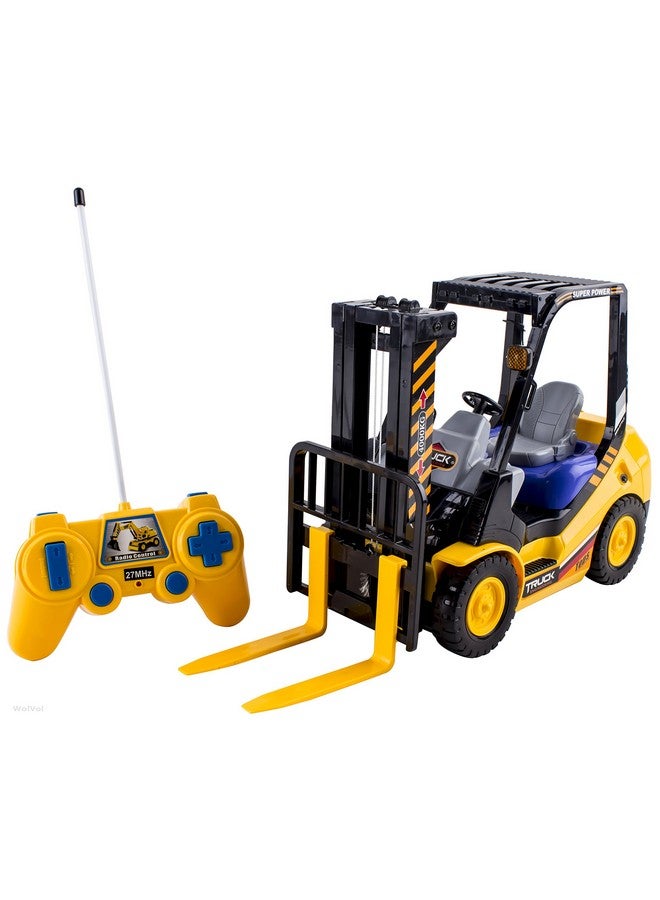 K 6-Channel Electric Remote Control Forklift - Functional Rc Lighted Fork Lift Toy W/Pallet, Barrel, Rechargeable Batteries & Charger - Pretend Construction Playset For Kids