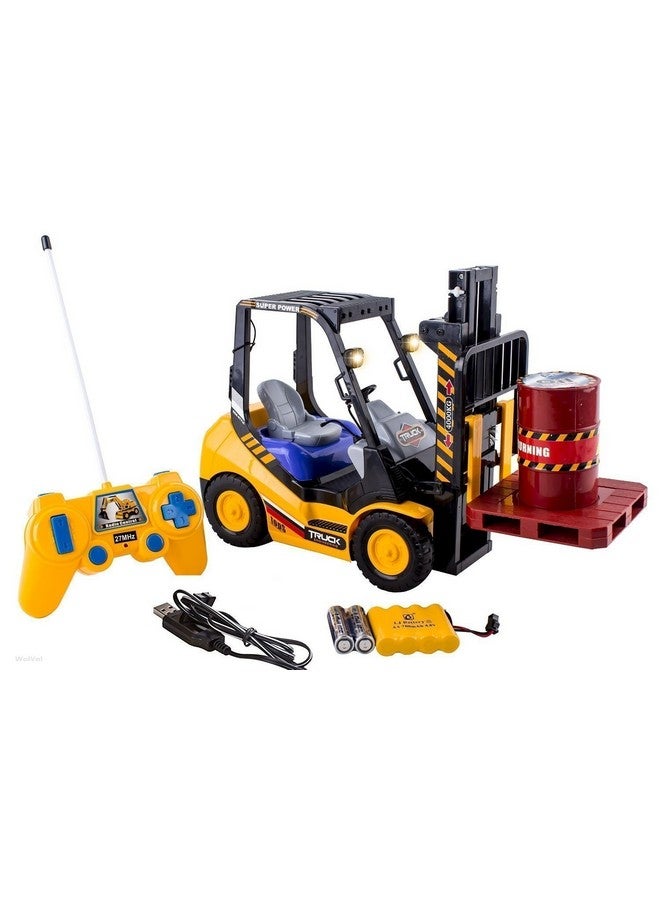 K 6-Channel Electric Remote Control Forklift - Functional Rc Lighted Fork Lift Toy W/Pallet, Barrel, Rechargeable Batteries & Charger - Pretend Construction Playset For Kids