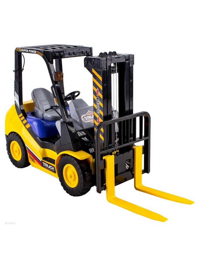 K 6-Channel Electric Remote Control Forklift - Functional Rc Lighted Fork Lift Toy W/Pallet, Barrel, Rechargeable Batteries & Charger - Pretend Construction Playset For Kids