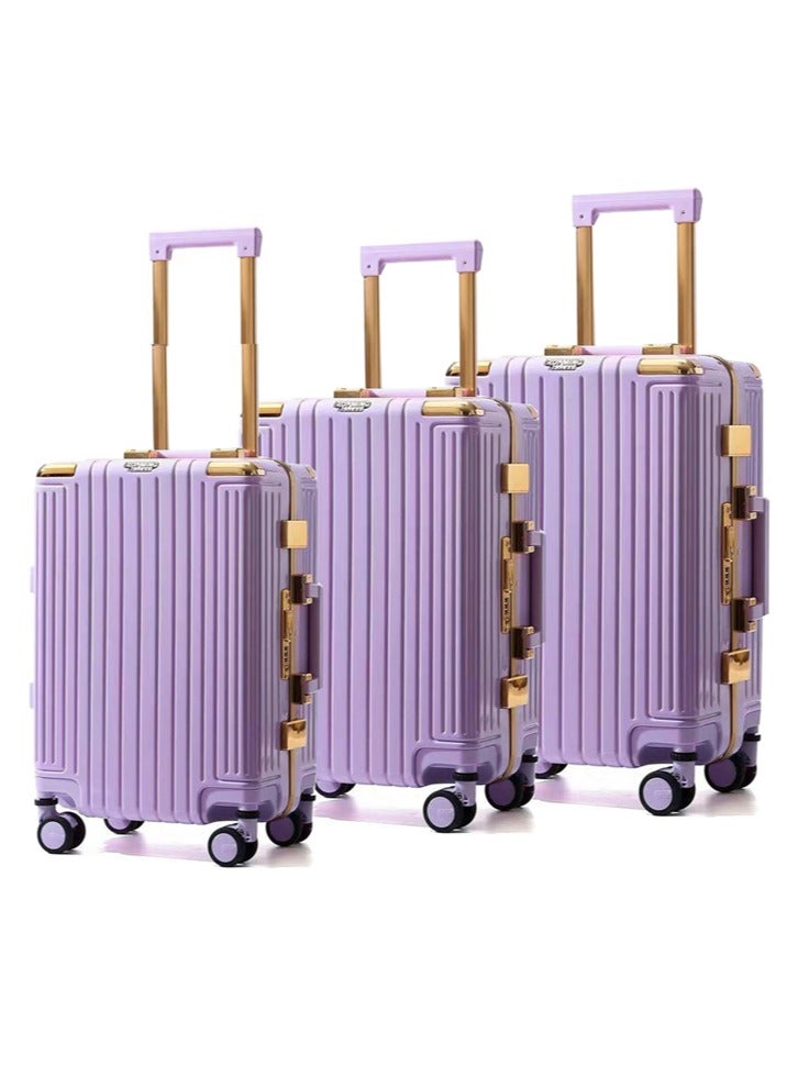 3 PCS TROLLEY LUGGAGE ALUMINUM FRAME POLY CARBON MATERIAL, LUGGAGE SUITCASE SET AND CABIN LUGGAGE BAG SET PURPLE COLOUR