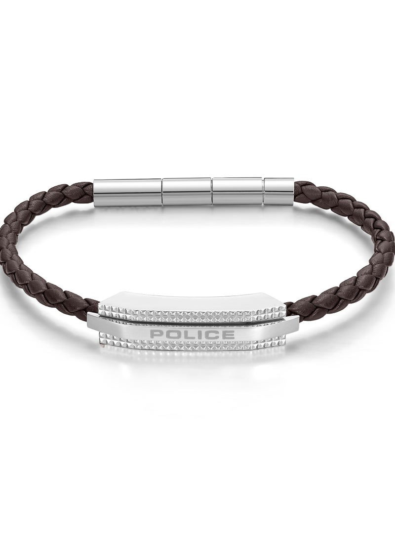 Police Gripcord Brown Leather Stainless Steel Gents Bracelet