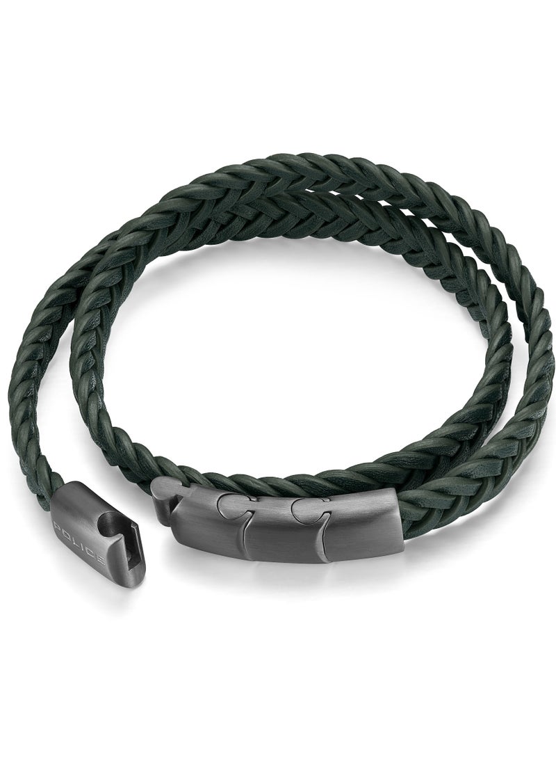 Police Braid Dark Green Leather Gun Metal Plated Stainless Steel Gents Bracelet