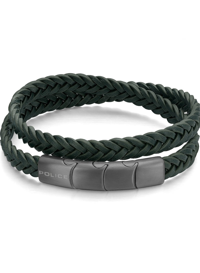 Police Braid Dark Green Leather Gun Metal Plated Stainless Steel Gents Bracelet