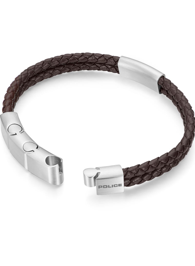 Police Parallel Dark Brown Leather Stainless Steel Gents Bracelet