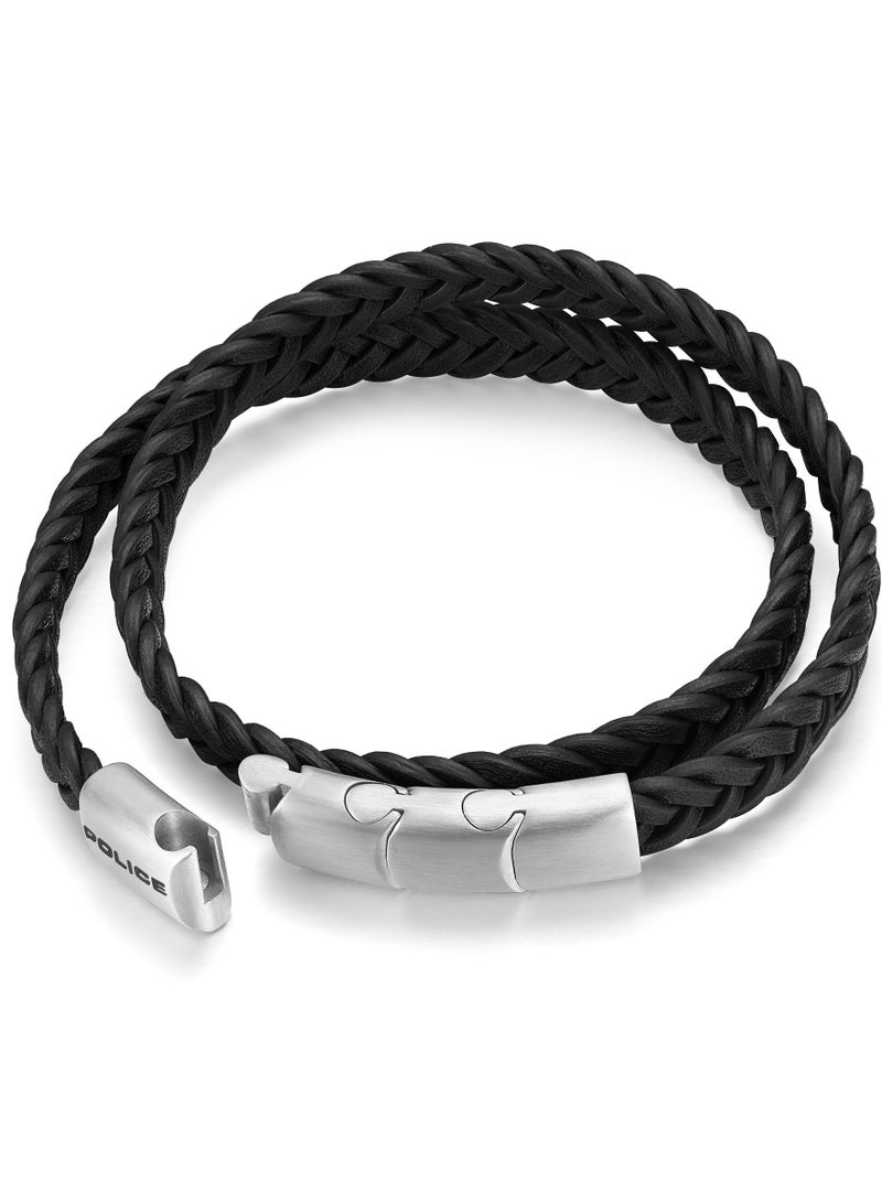 Police Braid Black Leather Stainless Steel Gents Bracelet