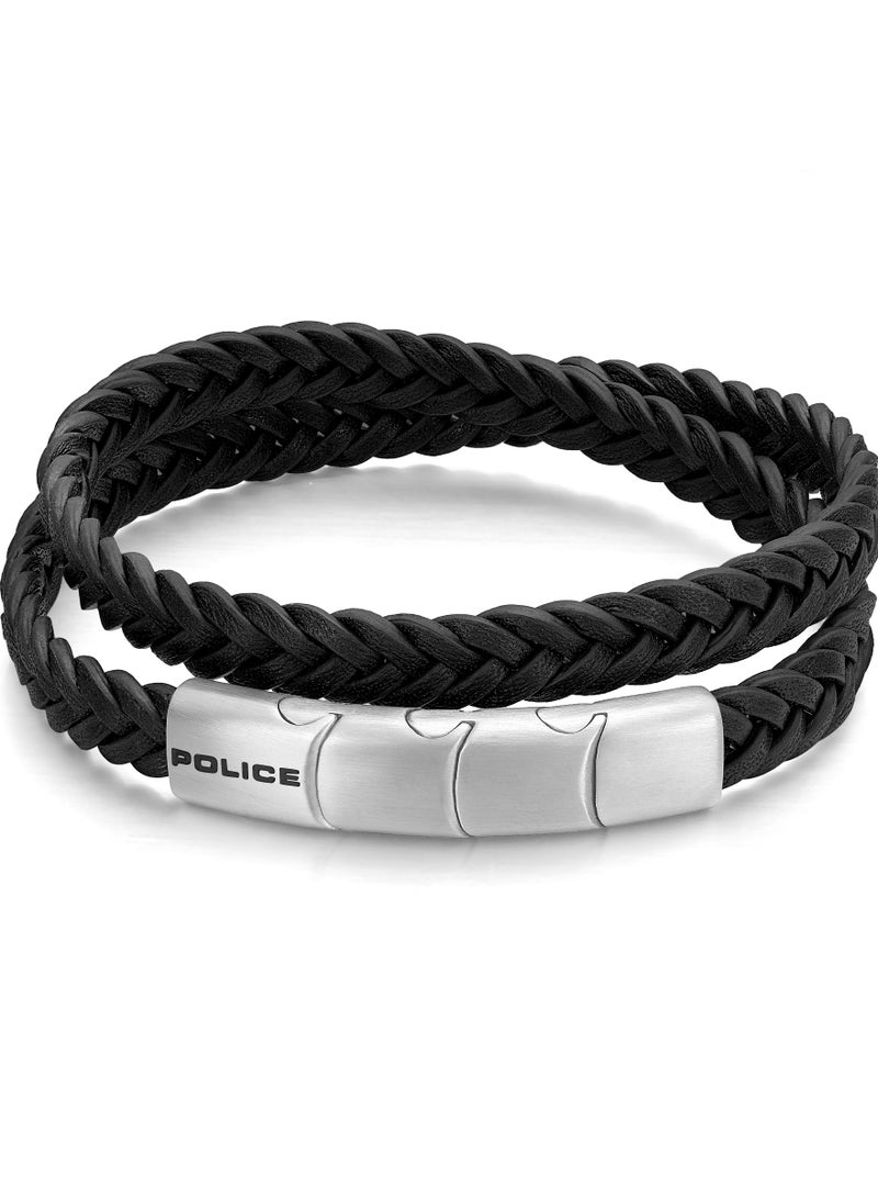 Police Braid Black Leather Stainless Steel Gents Bracelet