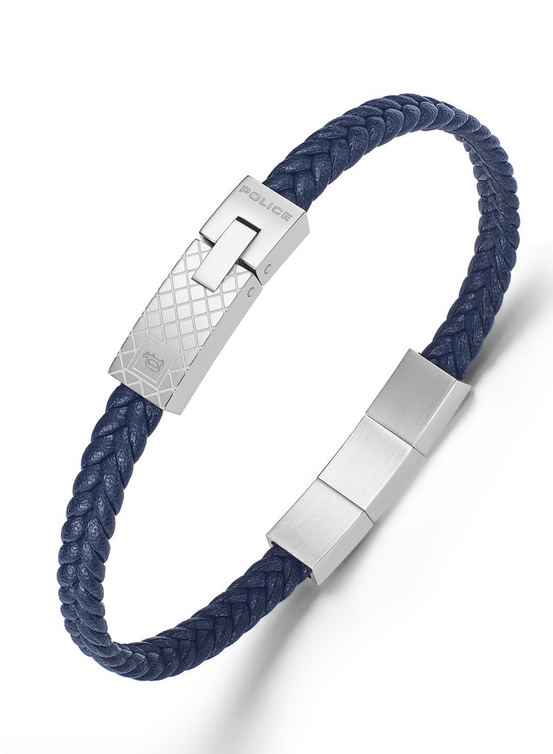 Police Intersect Navy Blue Leather Stainless Steel Gents Bracelet