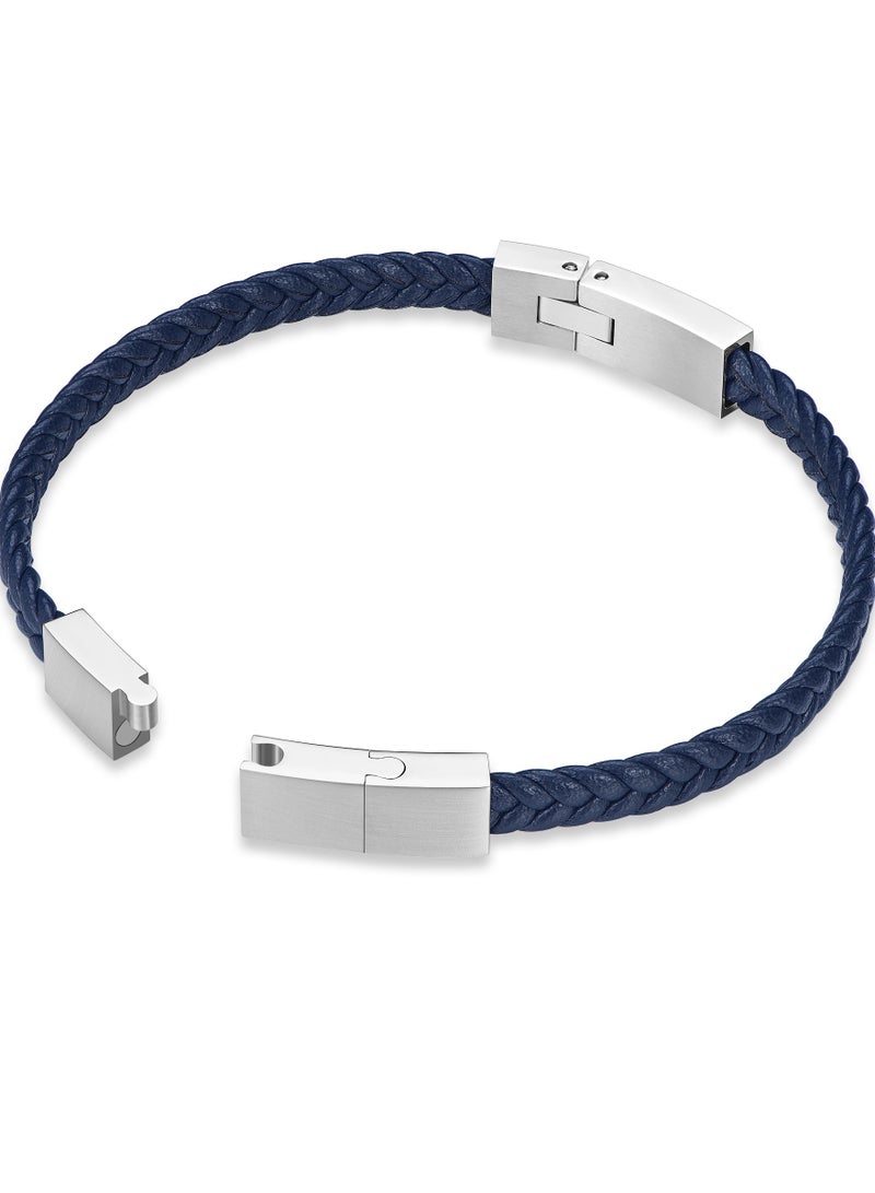 Police Intersect Navy Blue Leather Stainless Steel Gents Bracelet