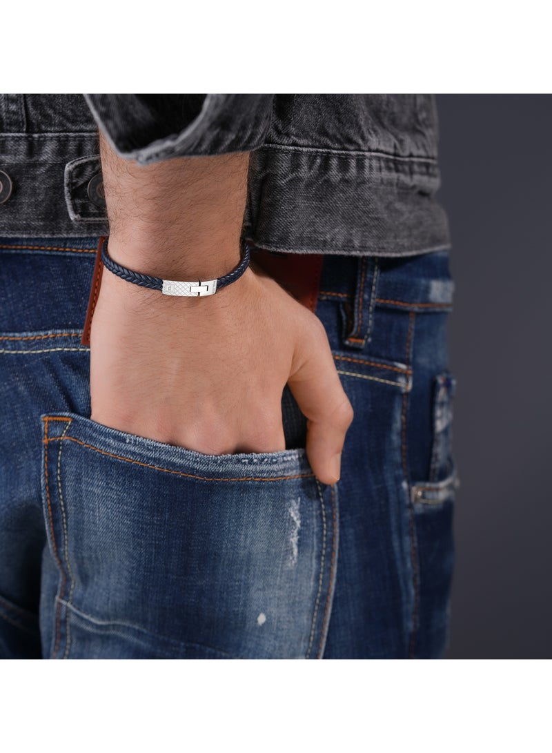 Police Intersect Navy Blue Leather Stainless Steel Gents Bracelet