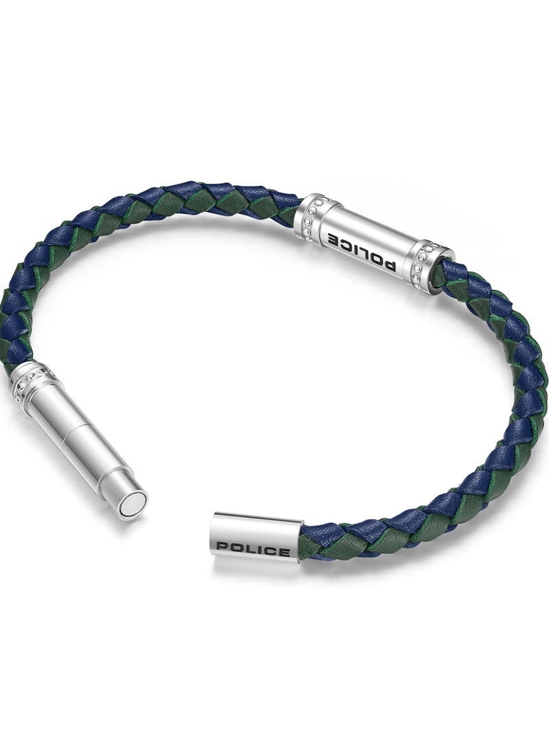 Police Barrell Blue/Green Leather Stainless Steel Gents Bracelet