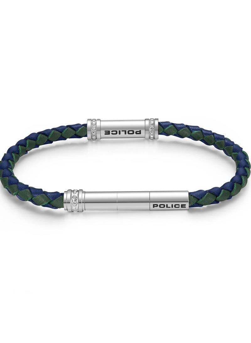 Police Barrell Blue/Green Leather Stainless Steel Gents Bracelet