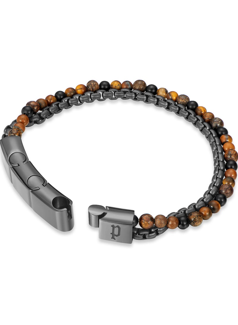 Police Double Impact Tiger Eye Beads Gun Box Chain Gents Bracelet