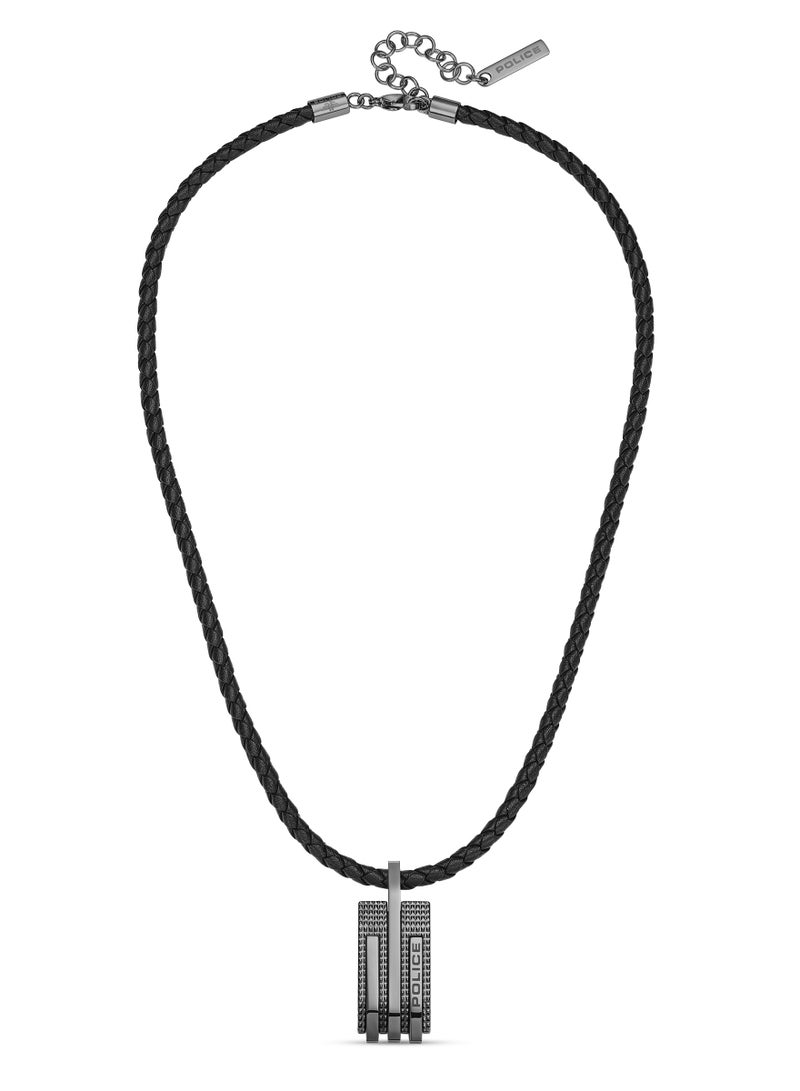 Police Gripcord Black Leather Gun Metal Stainless Steel Pendant Gents Necklace