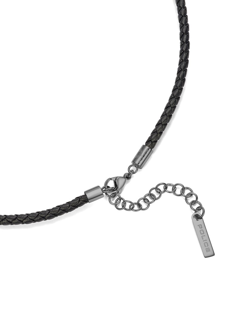 Police Gripcord Black Leather Gun Metal Stainless Steel Pendant Gents Necklace