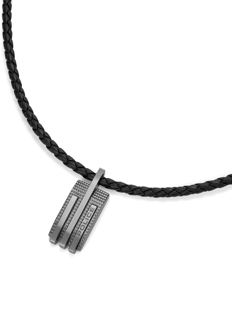 Police Gripcord Black Leather Gun Metal Stainless Steel Pendant Gents Necklace