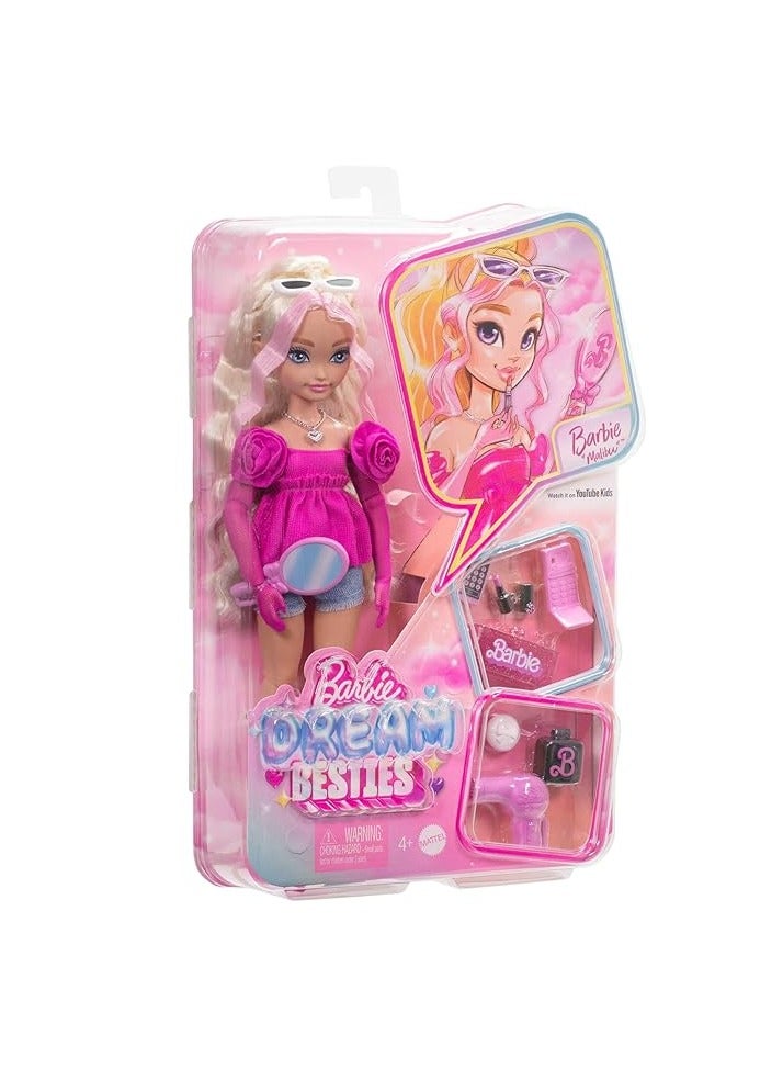 Barbie Dream Besties Doll and Accessories, Barbie “Malibu” Posable Fashion Doll with Wavy Blonde Hair, 11 Makeup and Hair Themed Pieces