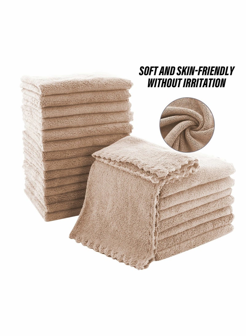 Ultra Soft Premium Washcloths Set - 12 x 12 inches - 24 Pack - Quick Drying - Highly Absorbent Coral Velvet Bathroom (Khaki)