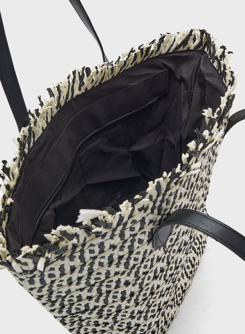 Woven Frayed Edge Raffia Tote Bag