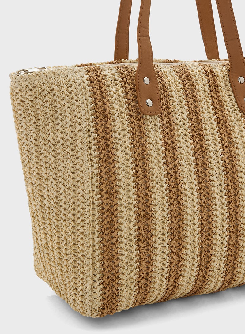 Stripe Raffia Tote Bag