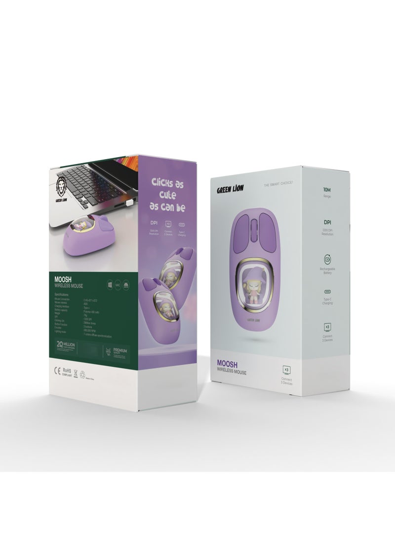 Moosh Wireless Mouse 1200 DPI / 3 Button Function / Connect 3 Devices / 10m Range- Purple