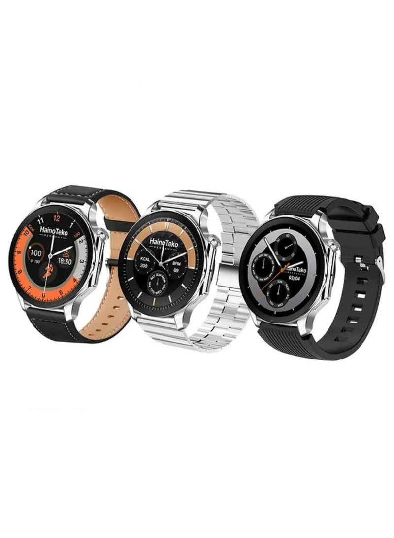 RW52 Round Shape AMOLED Display Smart Watch With 3 Pair Straps For Mens and Boys_Silver