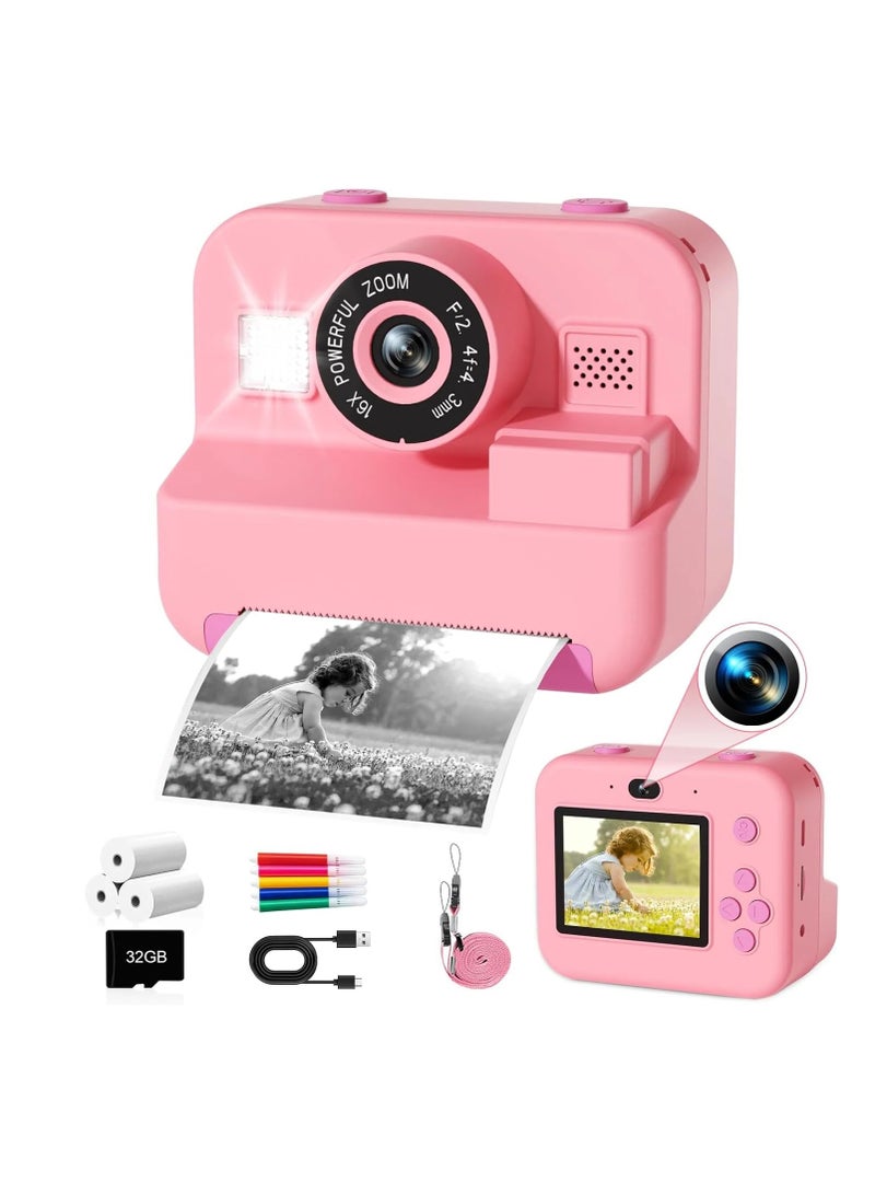 Instant Print Camera with 32GB Card, Thermal Photo Printing, Digital Kids Camera for Video, Photography, and Educational Toy