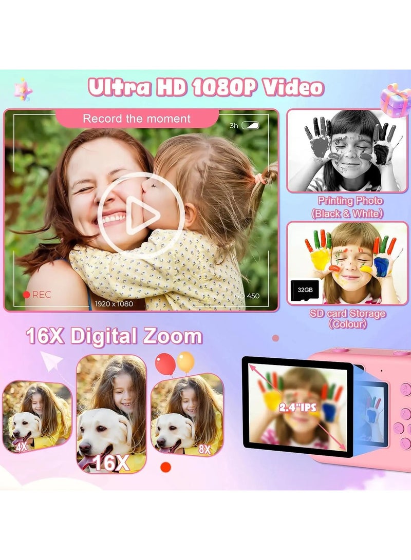 Instant Print Camera with 32GB Card, Thermal Photo Printing, Digital Kids Camera for Video, Photography, and Educational Toy