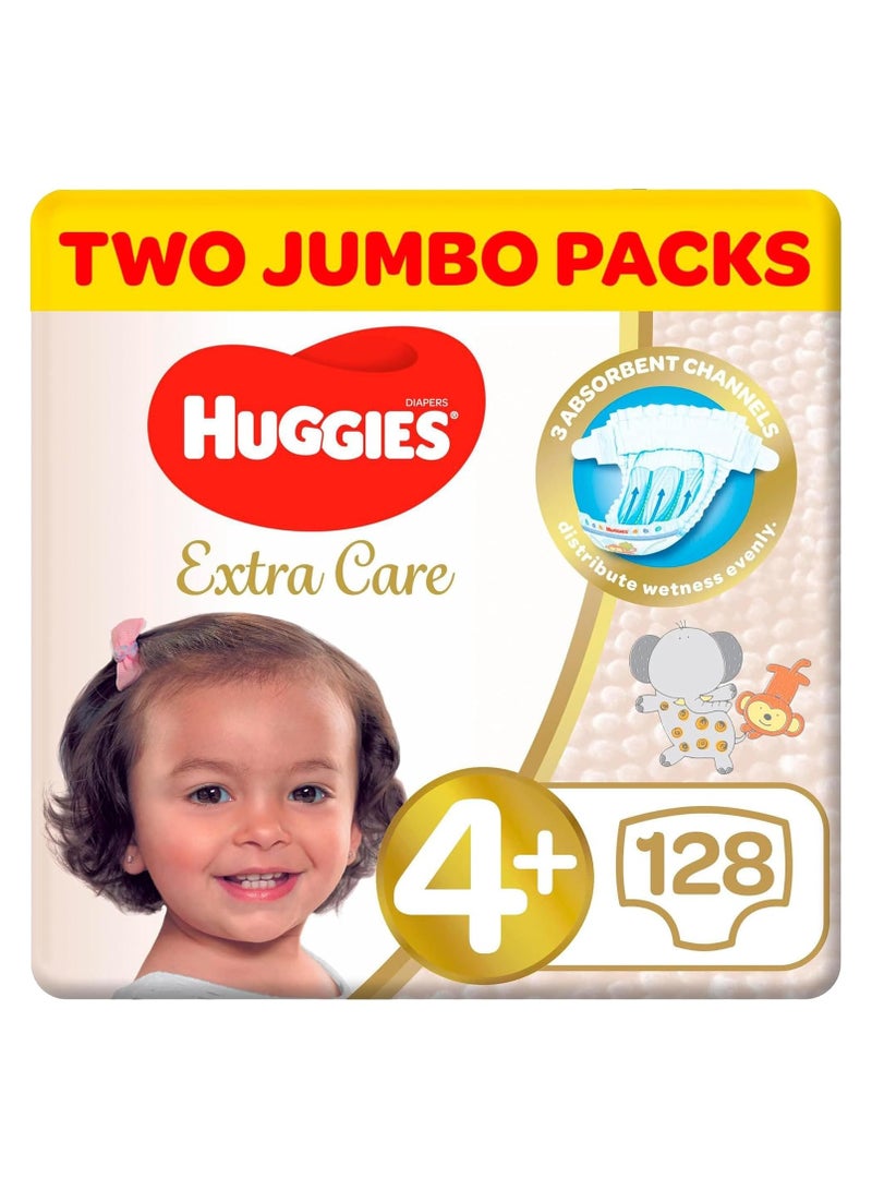 Huggies Extra Care, Size 4+, 10 -16 kg, Twin Jumbo Pack, 128 Diapers