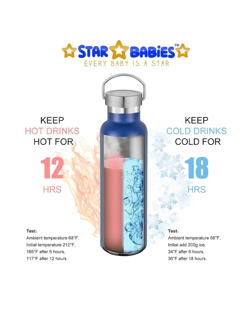 Star Babies Double Walled Stainless Steel Vacuum Insulated Sports Water Bottle with Portable Stainless Lid 600ml - Navy Blue