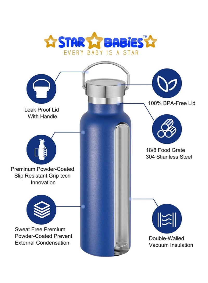 Star Babies Double Walled Stainless Steel Vacuum Insulated Sports Water Bottle with Portable Stainless Lid 600ml - Navy Blue