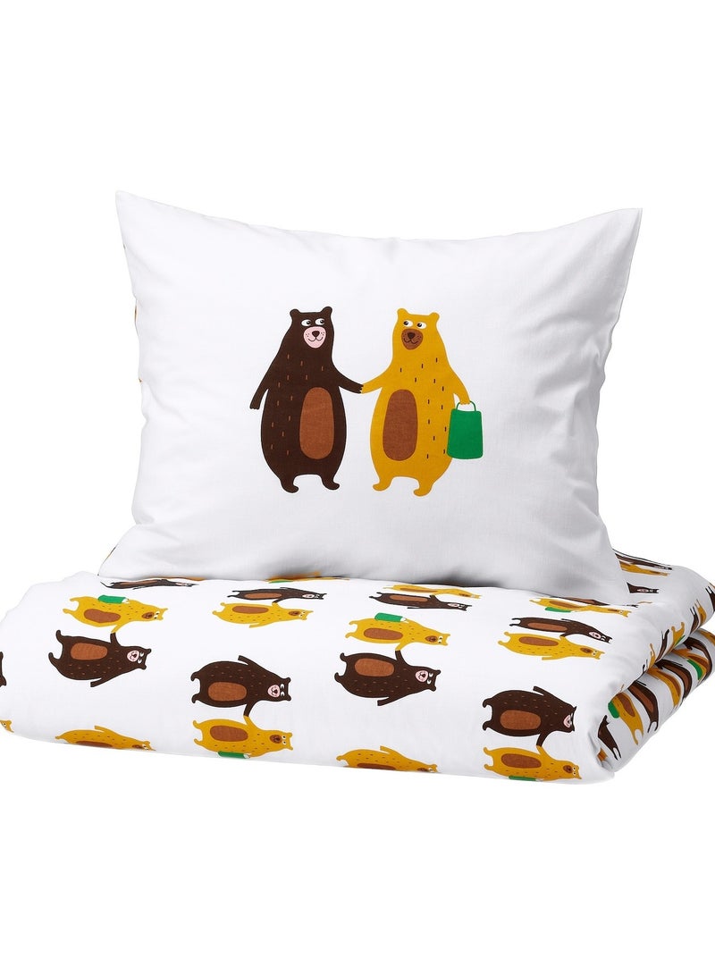 Duvet Cover And Pillowcase Bear Pattern Yellow Brown 150X200/50X80 Cm