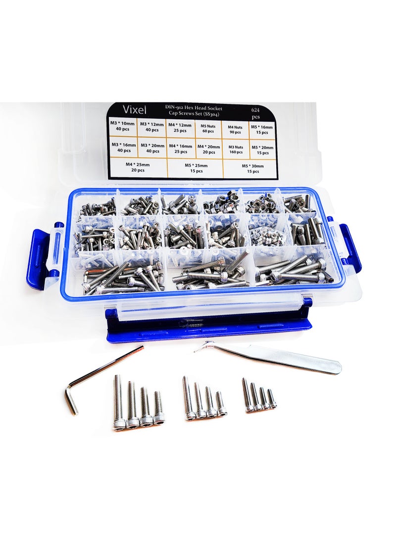 Vixel 624 Pieces DIN 912 Hex Head Socket Cap Screws Set, M3 to M5 Sizes, Stainless Steel, Includes Hexagonal Wrenches and Tweezer