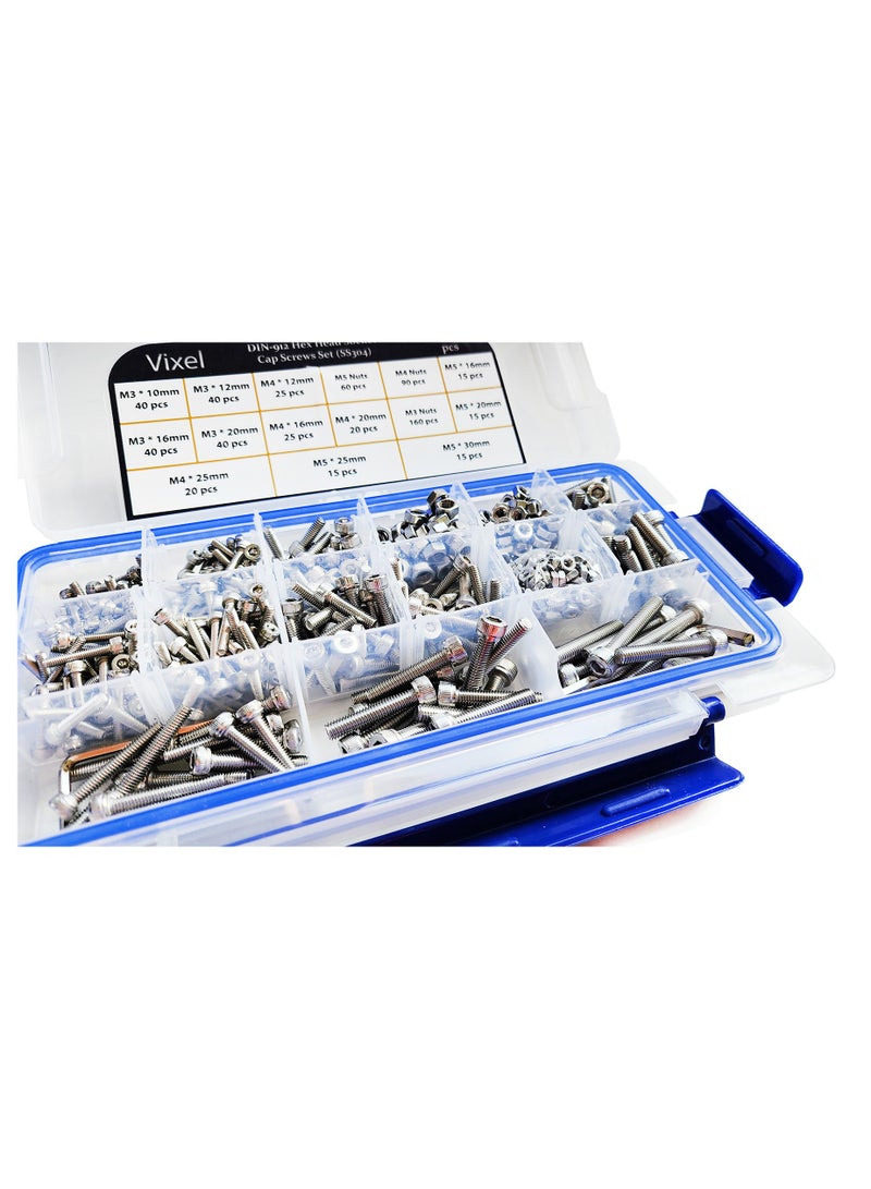 Vixel 624 Pieces DIN 912 Hex Head Socket Cap Screws Set, M3 to M5 Sizes, Stainless Steel, Includes Hexagonal Wrenches and Tweezer