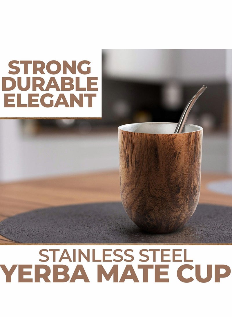 Stainless Steel Yerba Mate Tea Cup Set with Bombilla Straw and Cleaning Brush Easy to Clean Natural Brown 12 Ounces for Loose Leaf Enjoyment