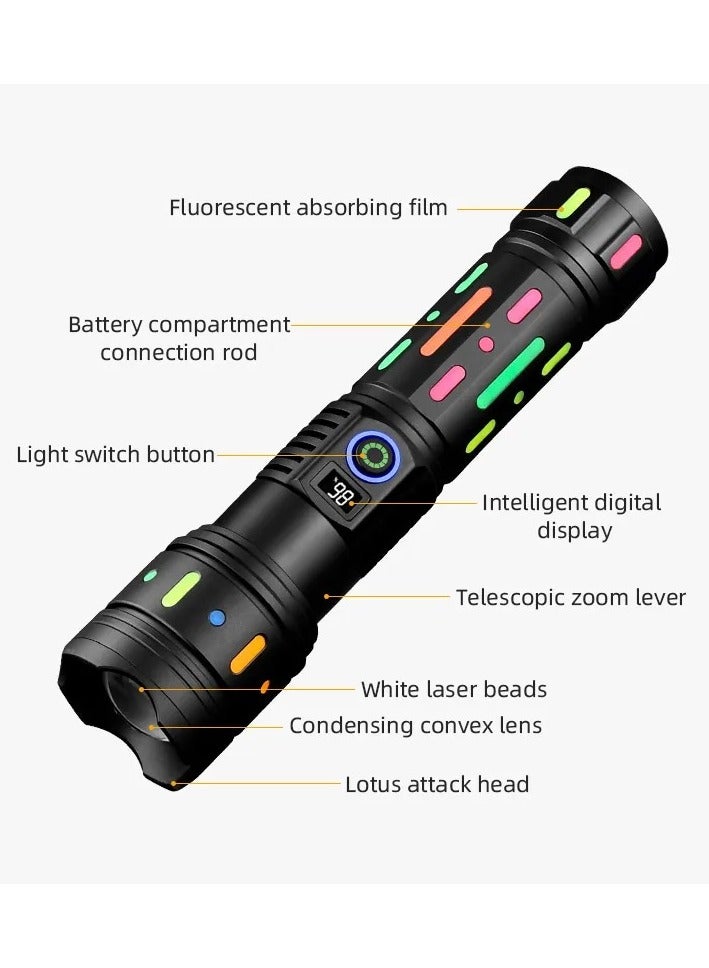 owerful Bright Spotlight LED Flashlight With Fluorescent Absorbing Film Luminous Colorful Tactical Torch Power Display