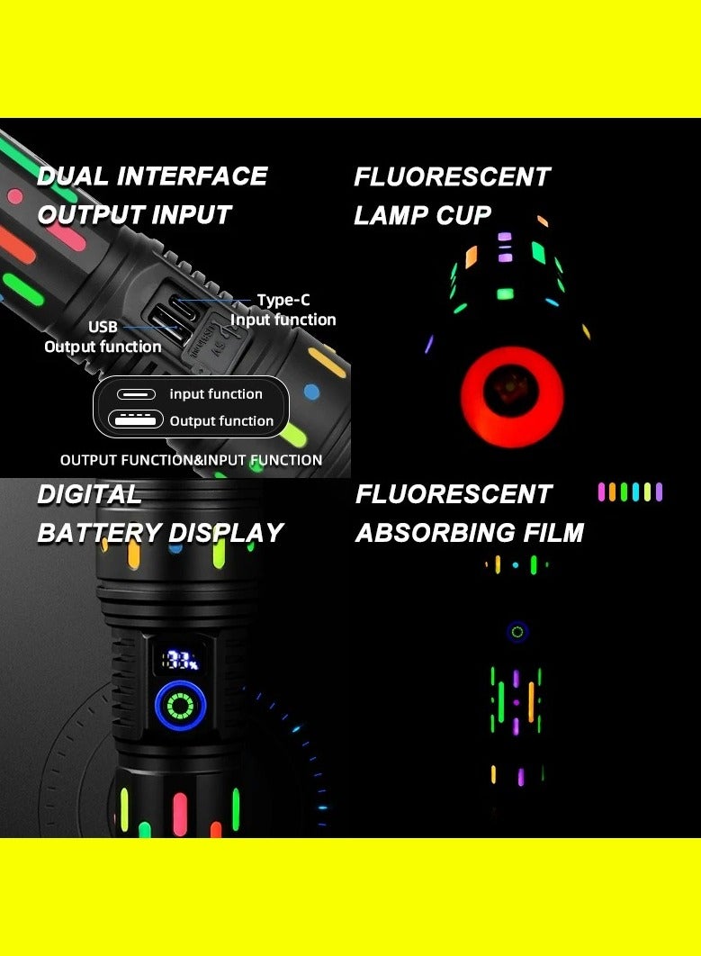 owerful Bright Spotlight LED Flashlight With Fluorescent Absorbing Film Luminous Colorful Tactical Torch Power Display