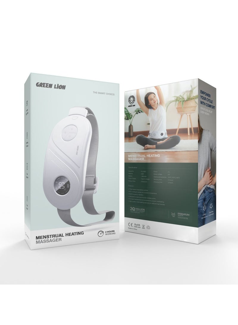 Menstrual Heating Massager 1800mAh / ABS Material / Close-fitting & Comfortable / Intelligent Noise Reduction / Fast Heating in 3 Seconds / Intelligent Digital Display / 2 Hours Working time / 3 Gear Temperature / 5V Rated voltage / 3 Gear Vibration / 3v Power / Type C Charger / 3 Hours Charging Time - White