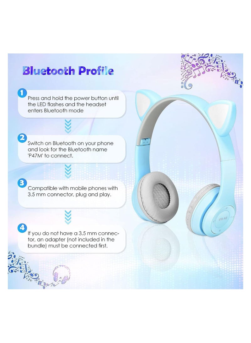 P47M Cat Ears Wireless Bluetooth Headset With Foldable Glowing Stereo Noise Canceling Headphones