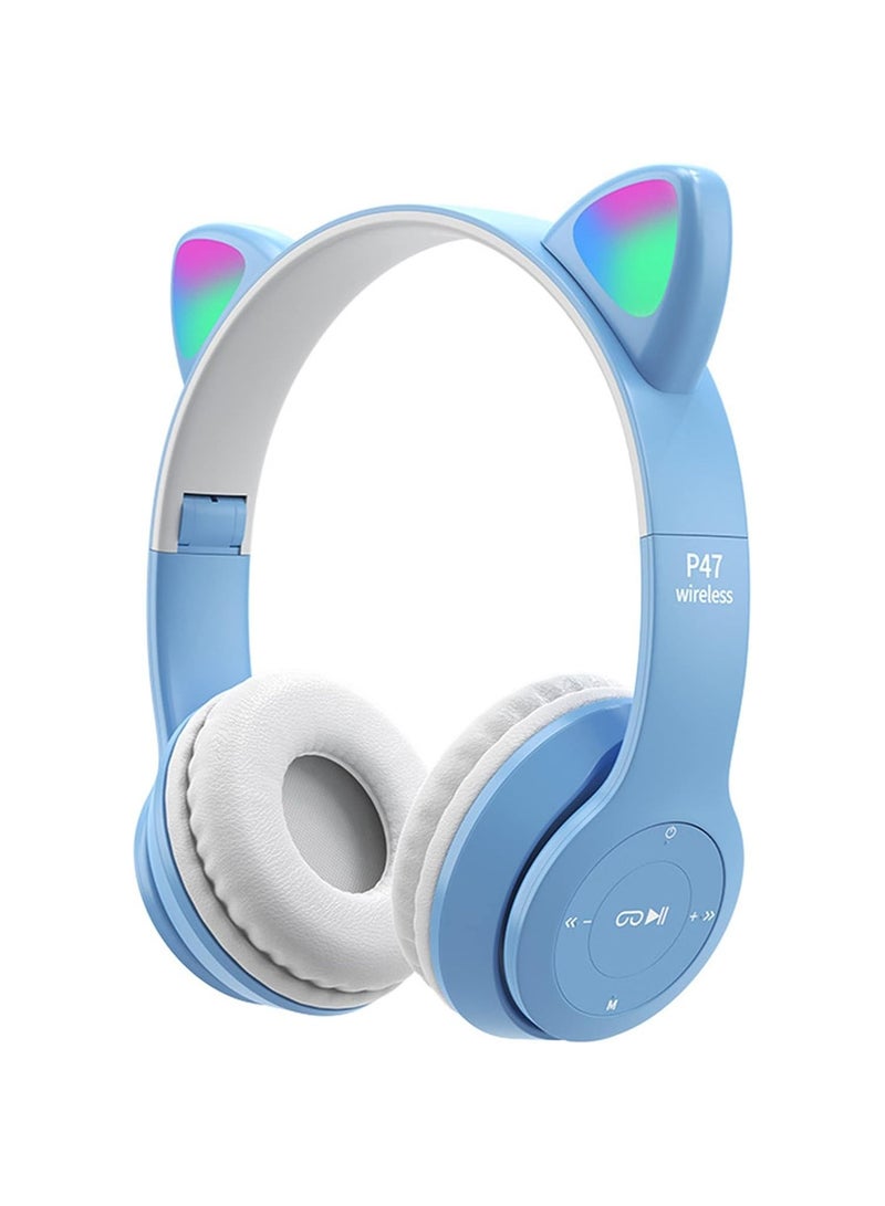 P47M Cat Ears Wireless Bluetooth Headset With Foldable Glowing Stereo Noise Canceling Headphones