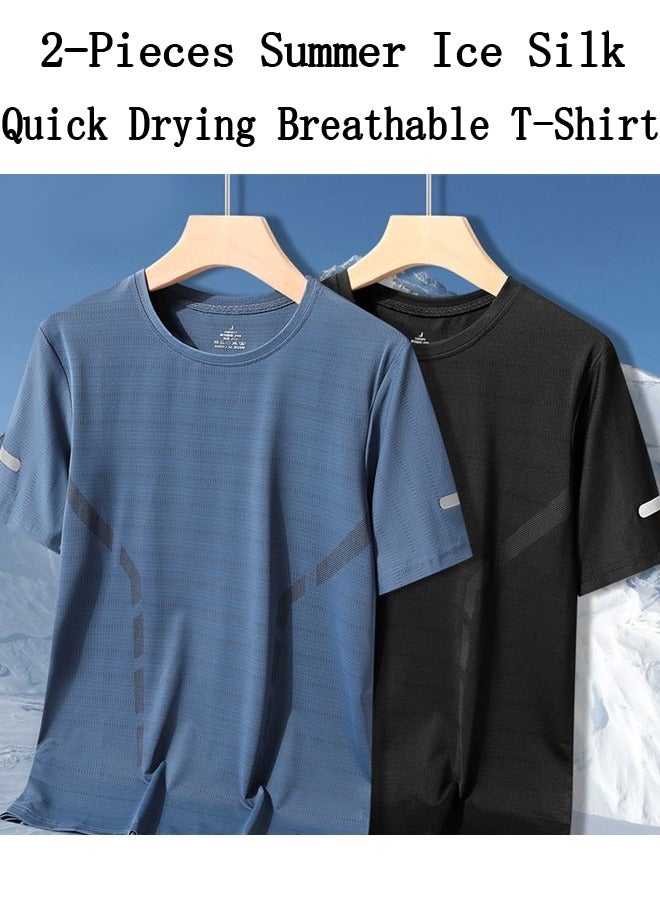 2-Pieces Summer Ice Silk Quick Drying Breathable T-Shirt,Trendy Sports Casual Loose Short Sleeve