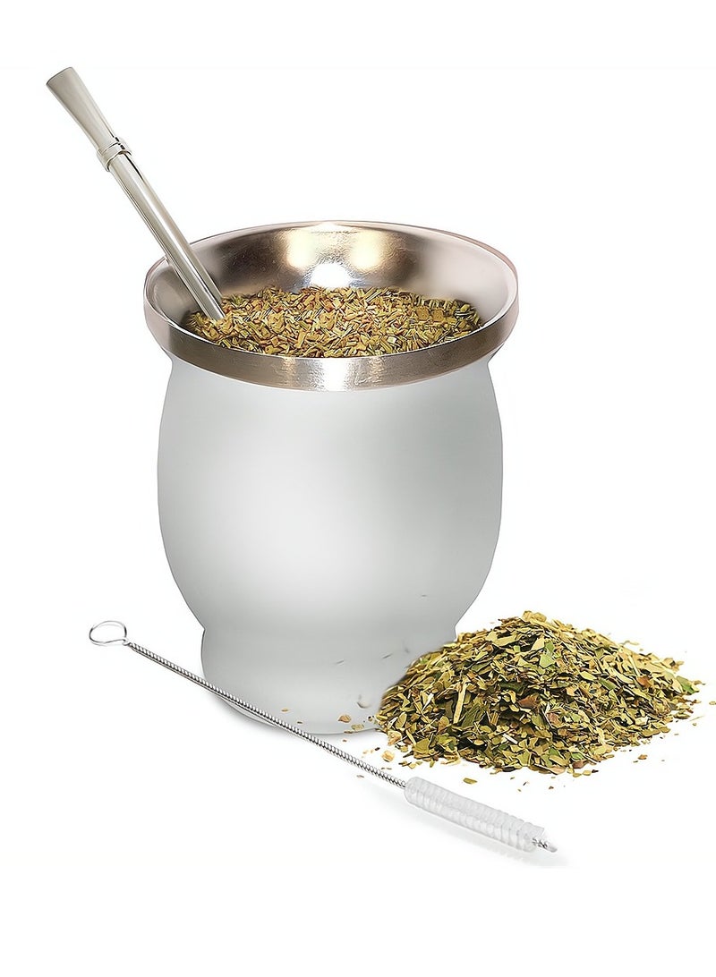 Stainless Steel Yerba Mate Cup Double Walled Insulated with Bombilla Straw 230ml Easy to Clean White Color