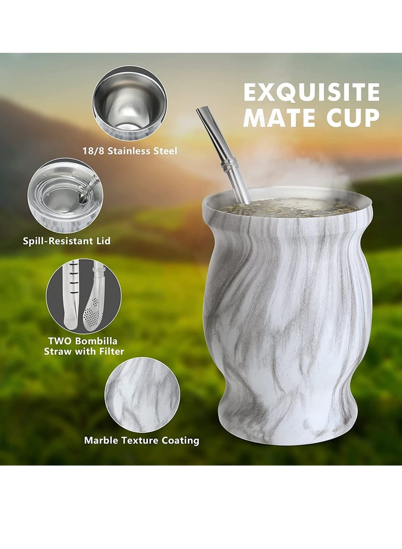 Stainless Steel Yerba Mate Tea Cup Double Walled Insulation with Bombilla Straw and Cleaning Brush 230 ML Gourd Marble Design